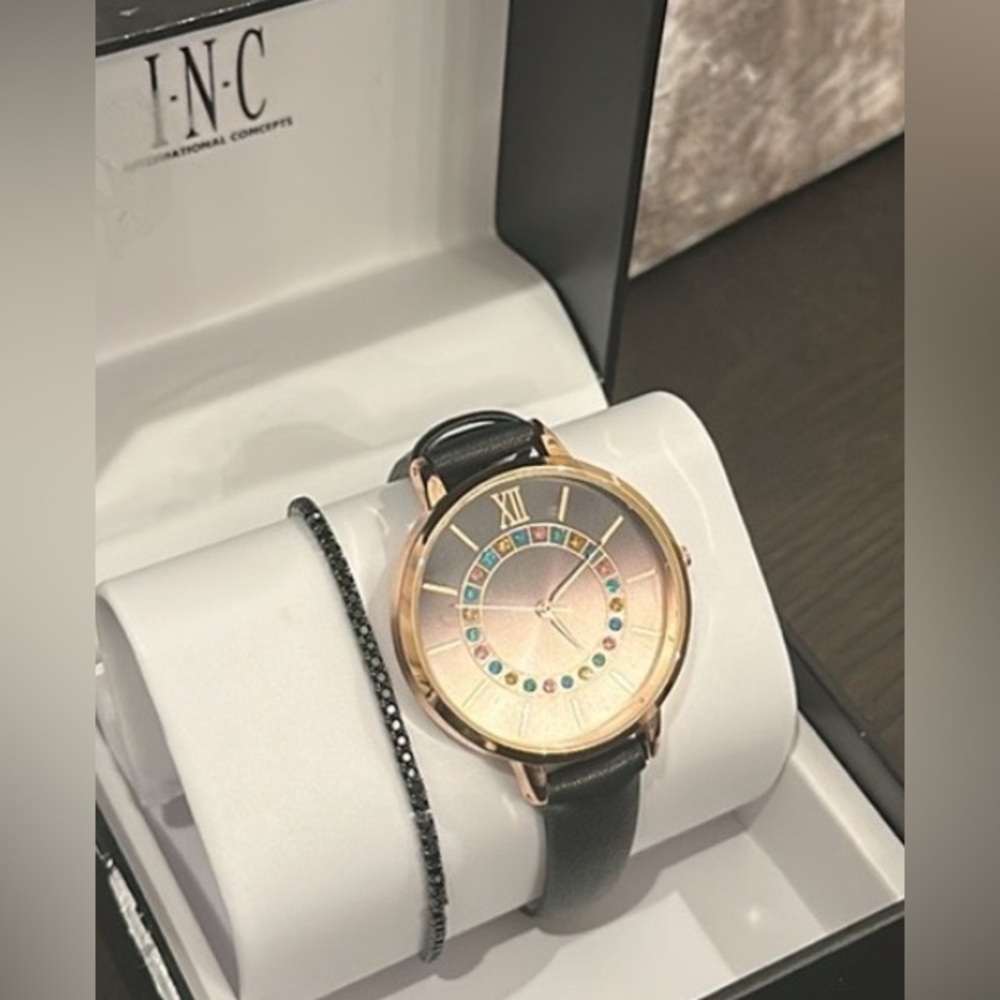 INC International Concepts Watch Set Bracelet Rose Gold Ombré & Black NEW
